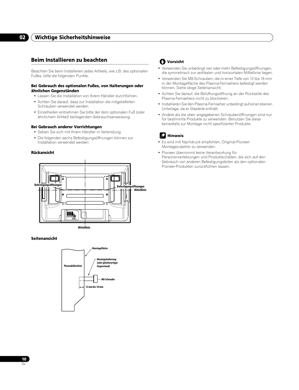 02 wichtige sicherheitshinweise, Beim installieren zu beachten, Wichtige sicherheitshinweise 02 | Pioneer PDP-4270XA User Manual | Page 98 / 267