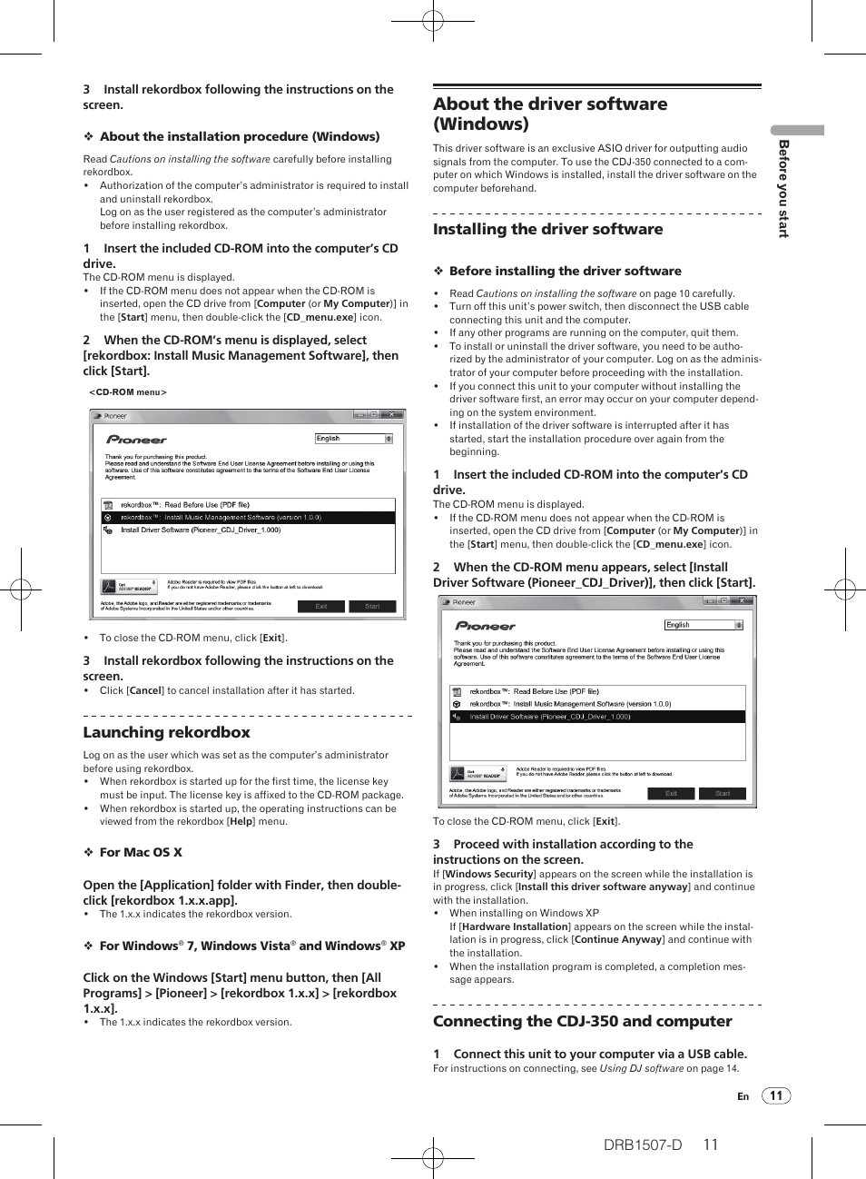 About the driver software (windows), Launching rekordbox, Installing the driver software | Connecting the cdj-350 and computer | Pioneer Multi Player CDJ-350 User Manual | Page 11 / 28