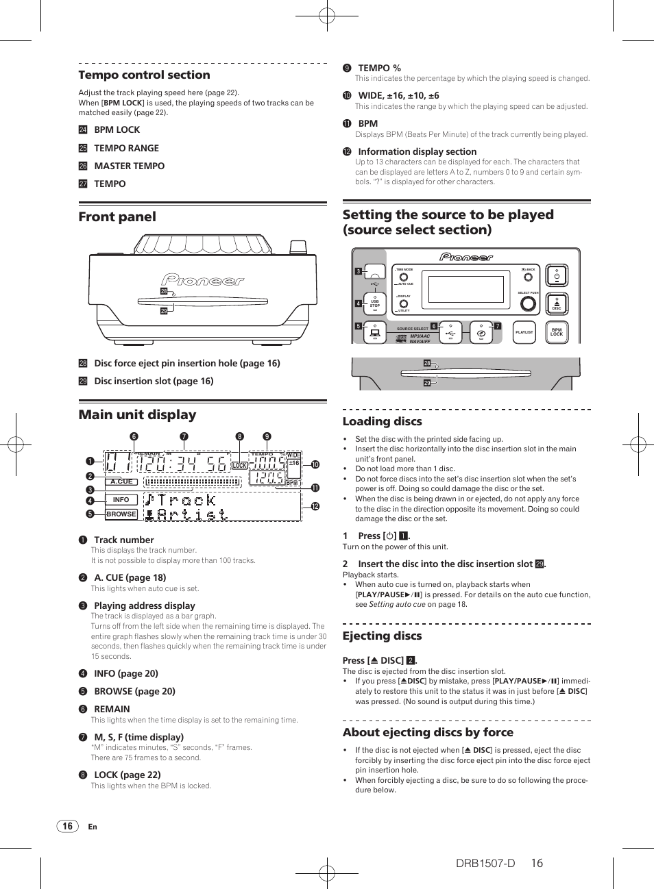 Front panel, Main unit display, Loading discs | Ejecting discs, About ejecting discs by force | Pioneer Multi Player CDJ-350 User Manual | Page 16 / 28