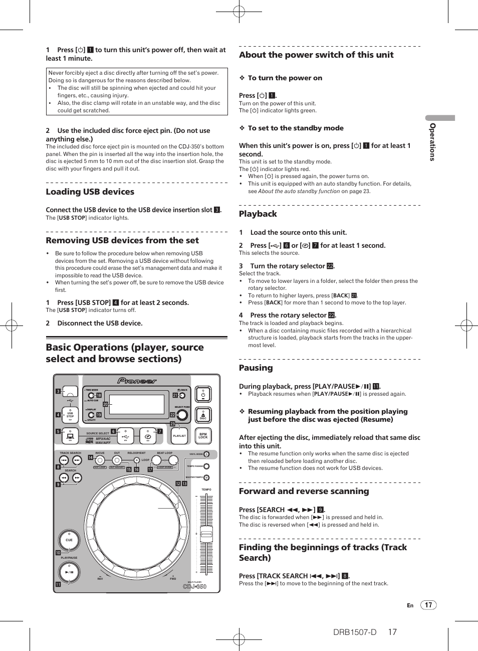 Loading usb devices, Removing usb devices from the set, About the power switch of this unit | Playback, Pausing, Forward and reverse scanning, Finding the beginnings of tracks (track search), 17 op erations | Pioneer Multi Player CDJ-350 User Manual | Page 17 / 28