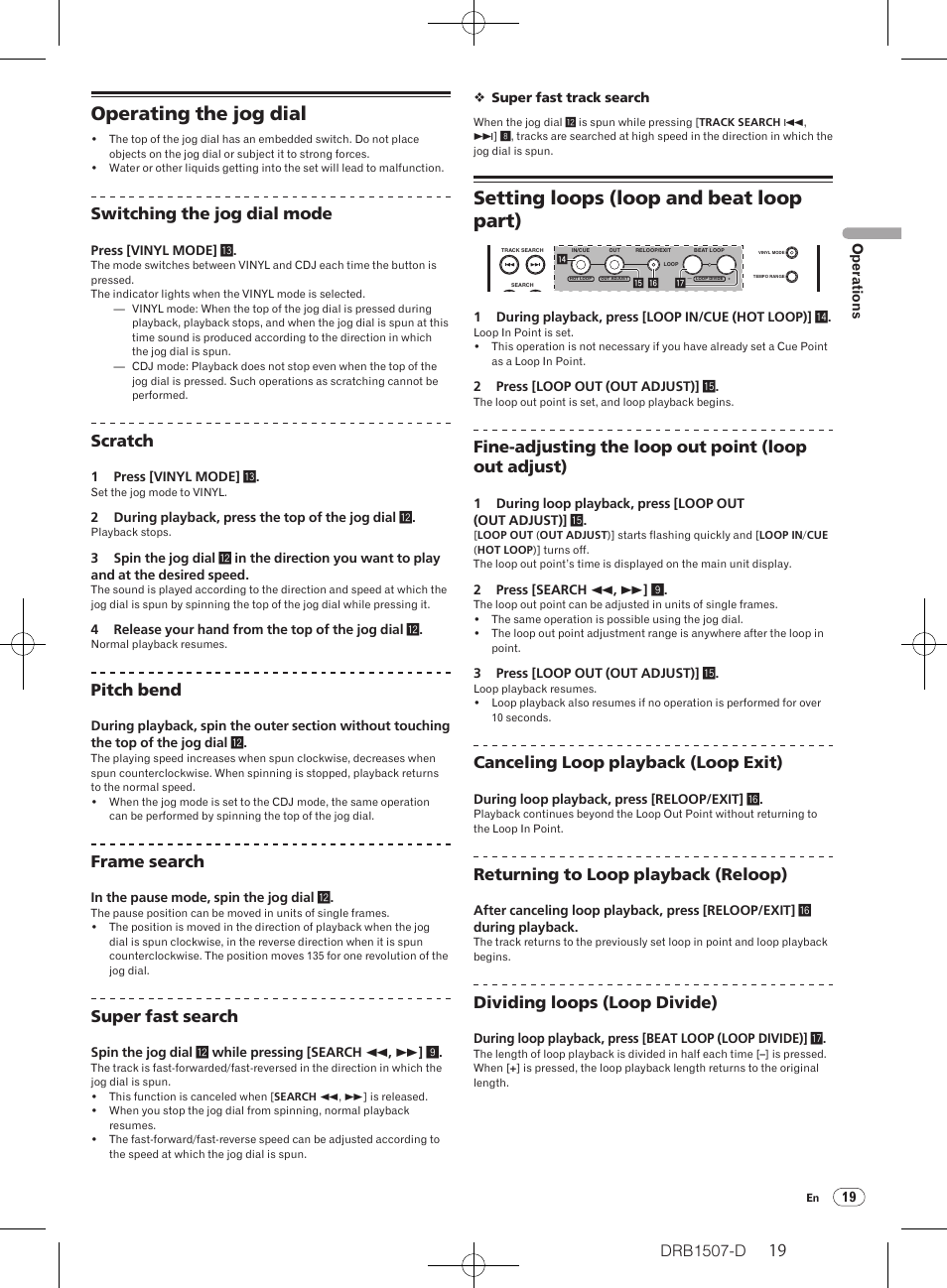 Operating the jog dial, Setting loops (loop and beat loop part), Switching the jog dial mode | Scratch, Pitch bend, Frame search, Super fast search, Canceling loop playback (loop exit), Returning to loop playback (reloop), Dividing loops (loop divide) | Pioneer Multi Player CDJ-350 User Manual | Page 19 / 28