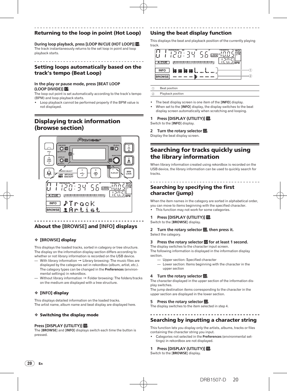 Returning to the loop in point (hot loop), About the [browse] and [info] displays, Using the beat display function | Searching by specifying the first character (jump), Searching by inputting a character string | Pioneer Multi Player CDJ-350 User Manual | Page 20 / 28