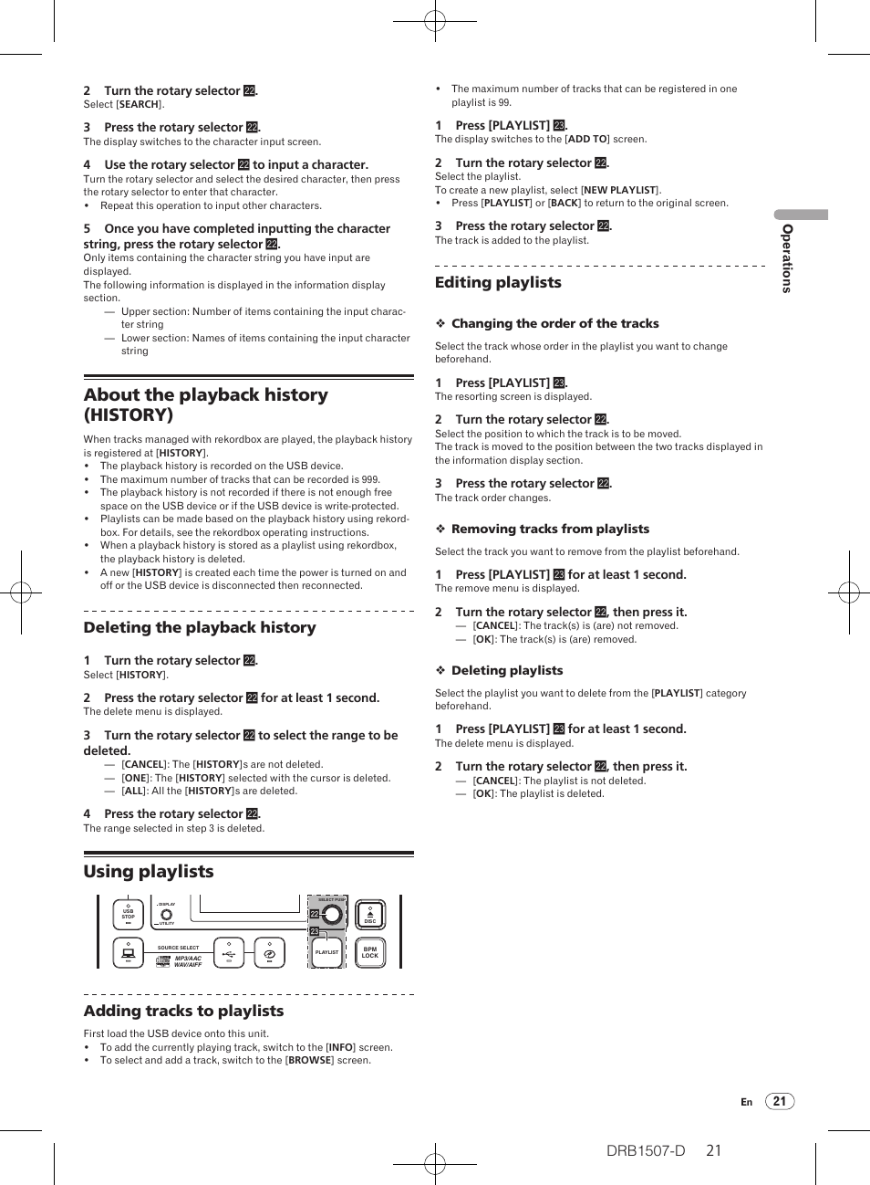 About the playback history (history), Using playlists, Deleting the playback history | Adding tracks to playlists, Editing playlists | Pioneer Multi Player CDJ-350 User Manual | Page 21 / 28