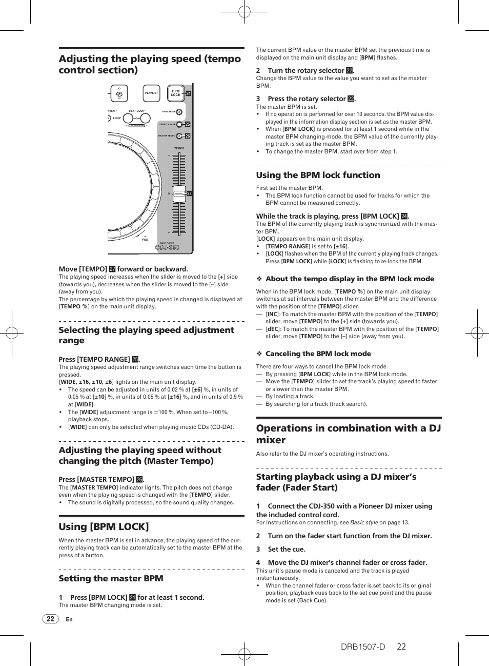 Using [bpm lock, Operations in combination with a dj mixer, Selecting the playing speed adjustment range | Setting the master bpm, Using the bpm lock function | Pioneer Multi Player CDJ-350 User Manual | Page 22 / 28