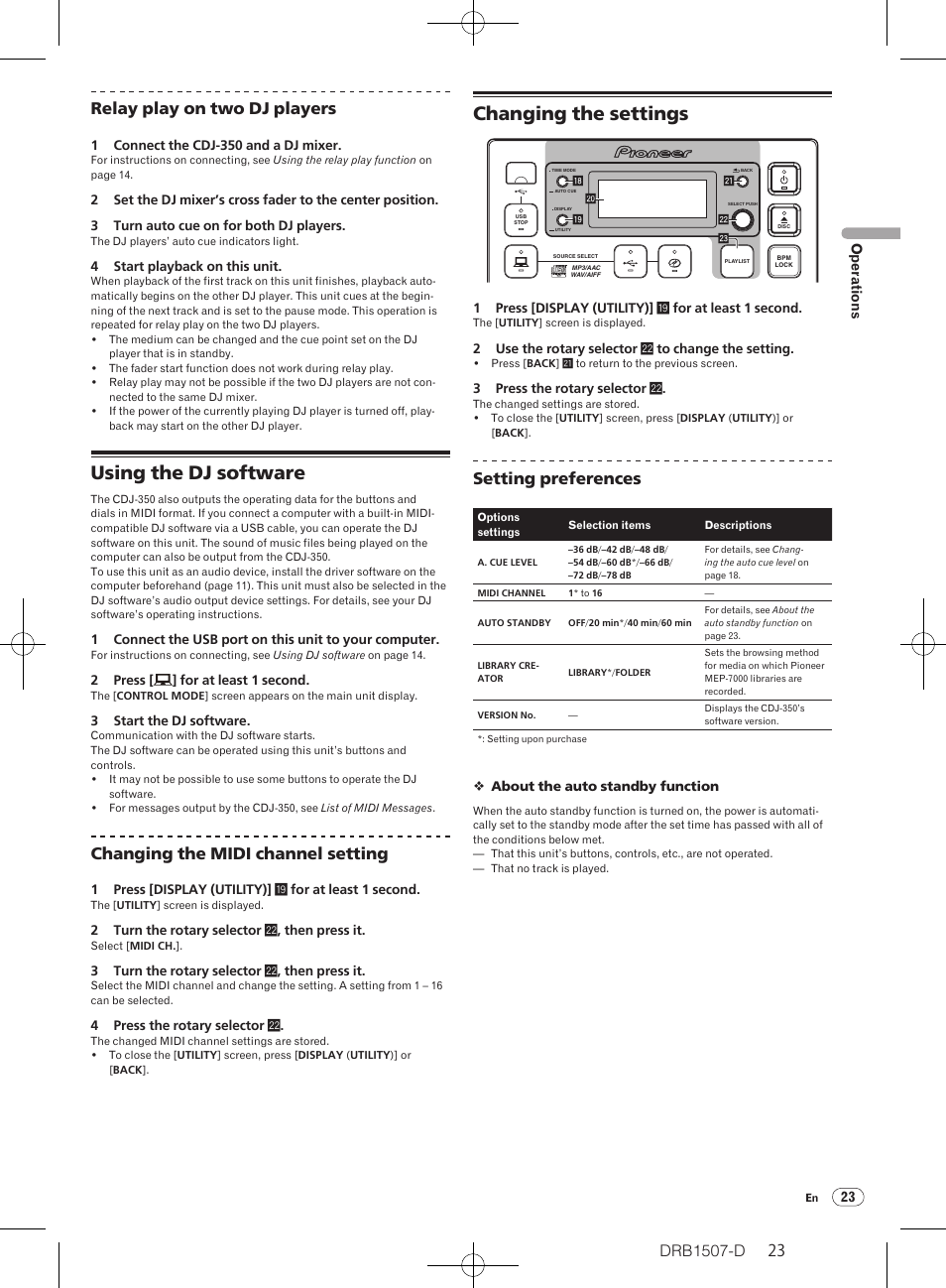 Using the dj software changing the settings, Using the dj software, Changing the settings | Relay play on two dj players, Changing the midi channel setting, Setting preferences | Pioneer Multi Player CDJ-350 User Manual | Page 23 / 28