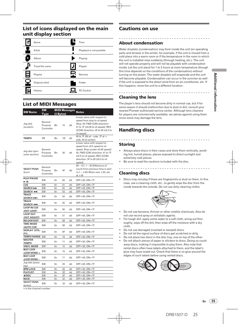 List of midi messages, Cautions on use, Handling discs | About condensation, Cleaning the lens, Storing, Cleaning discs, 25 additional information | Pioneer Multi Player CDJ-350 User Manual | Page 25 / 28