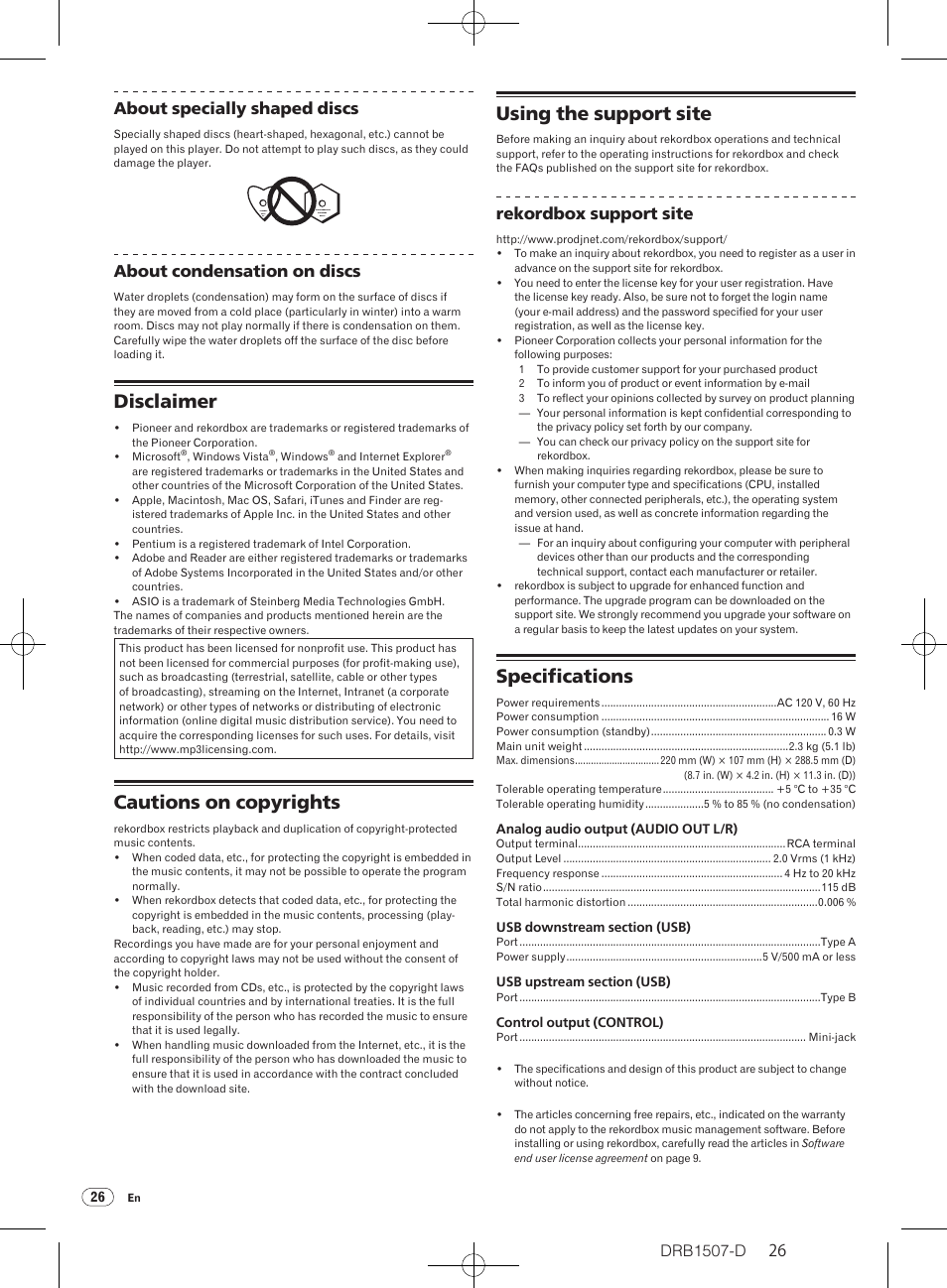Disclaimer, Cautions on copyrights, Using the support site | Specifications, About specially shaped discs, About condensation on discs, Rekordbox support site | Pioneer Multi Player CDJ-350 User Manual | Page 26 / 28