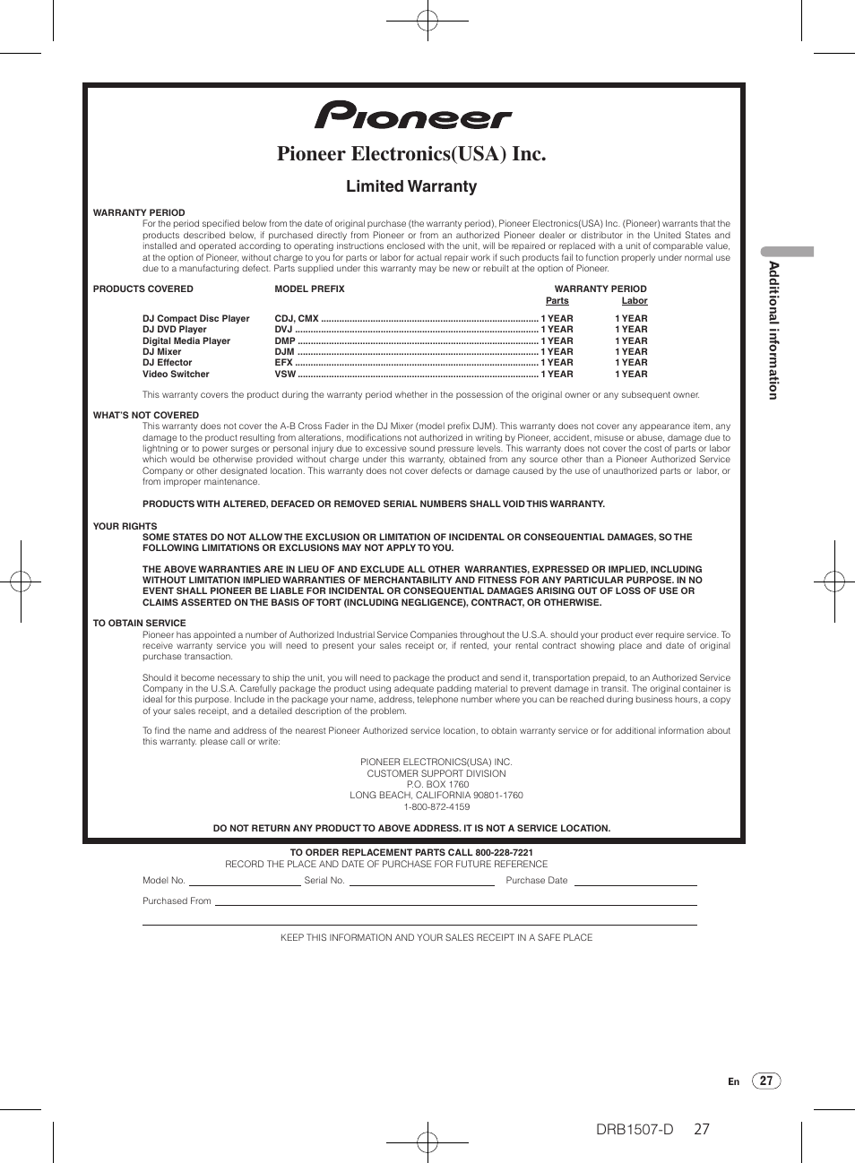 Pioneer electronics(usa) inc, Limited warranty, 27 additional information | Pioneer Multi Player CDJ-350 User Manual | Page 27 / 28