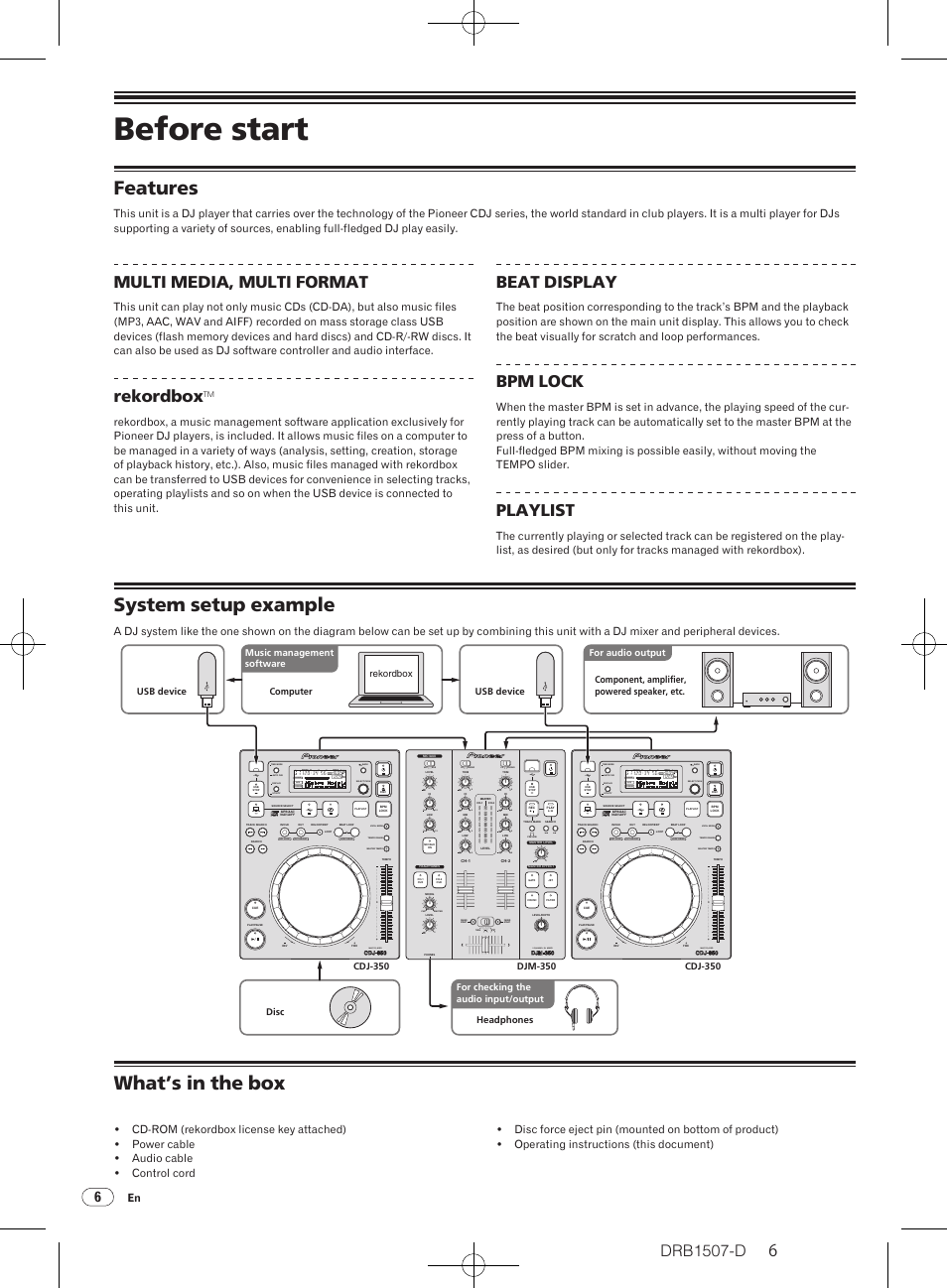 Before start, Features system setup example what’s in the box, Features | System setup example, What’s in the box, Multi media, multi format, Rekordbox, Beat display, Bpm lock, Playlist | Pioneer Multi Player CDJ-350 User Manual | Page 6 / 28