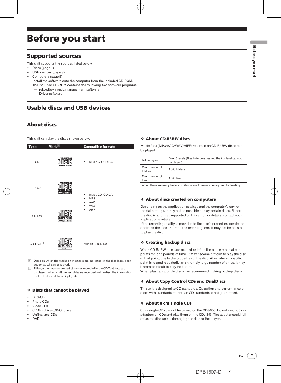 Before you start, Supported sources usable discs and usb devices, Supported sources | Usable discs and usb devices, About discs | Pioneer Multi Player CDJ-350 User Manual | Page 7 / 28