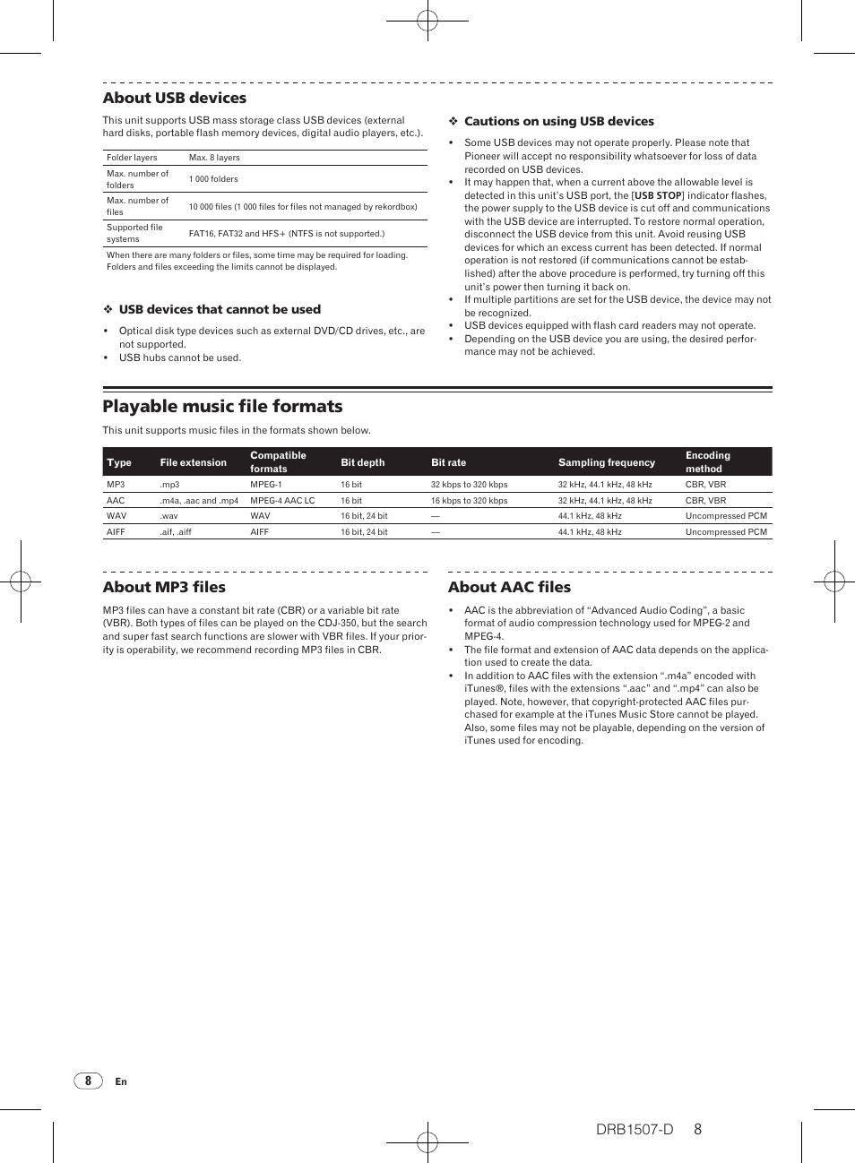 Playable music file formats, About usb devices, About mp3 files | About aac files | Pioneer Multi Player CDJ-350 User Manual | Page 8 / 28
