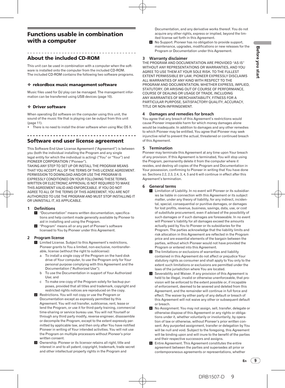 Functions usable in combination with a computer, About the included cd-rom, Software end user license agreement | Pioneer Multi Player CDJ-350 User Manual | Page 9 / 28