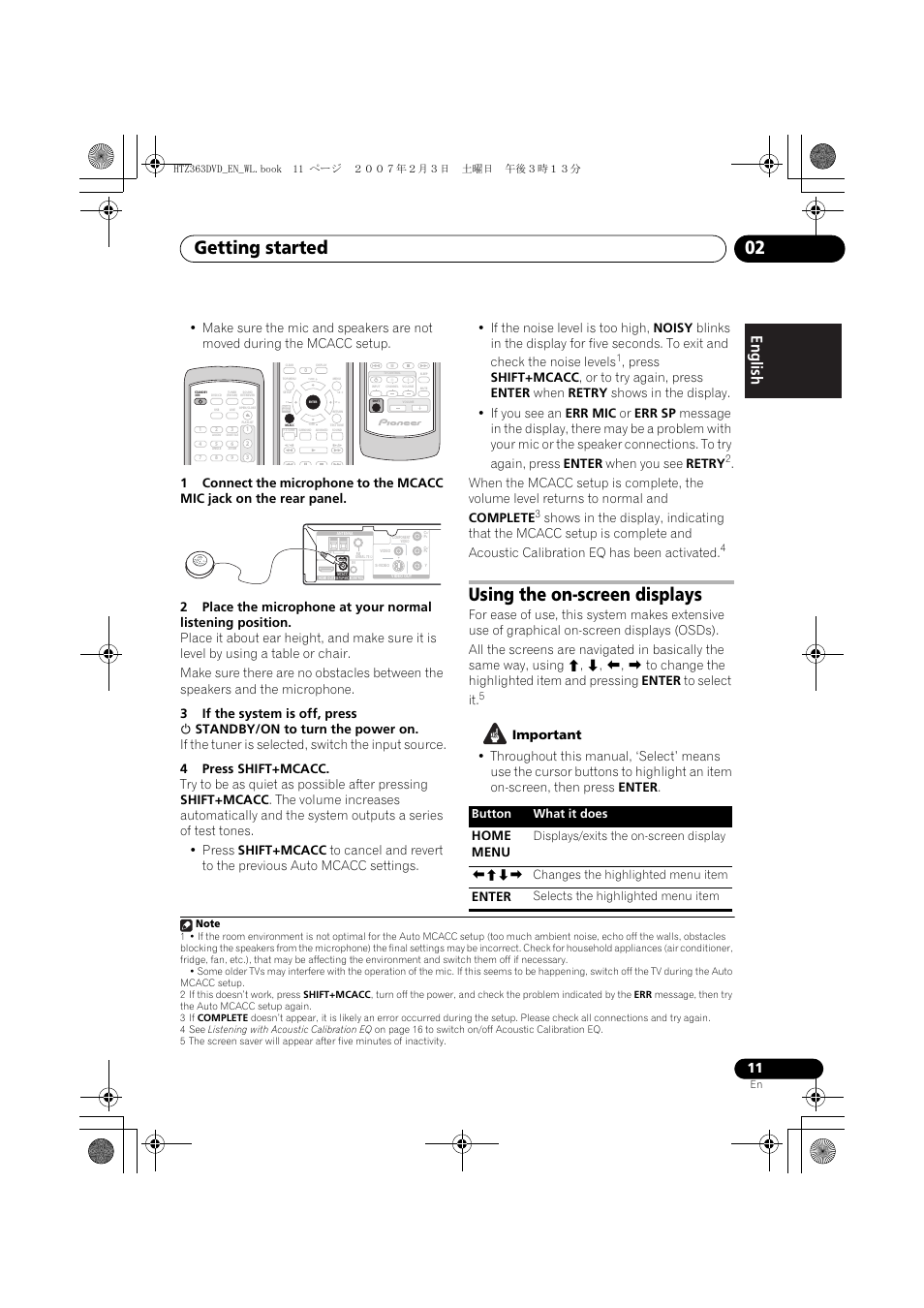 Getting started 02, Using the on-screen displays, Home menu | Enter, Button what it does, Selects the highlighted menu item | Pioneer S-DV4T User Manual | Page 11 / 52