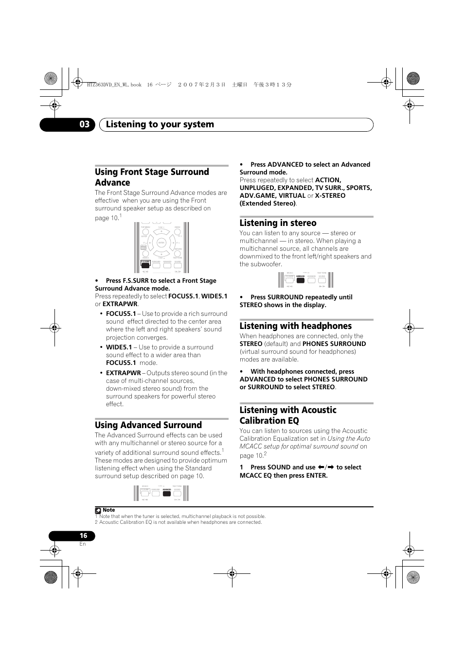 Listening to your system 03, Using front stage surround advance, Using advanced surround | Listening in stereo, Listening with headphones, Listening with acoustic calibration eq | Pioneer S-DV4T User Manual | Page 16 / 52