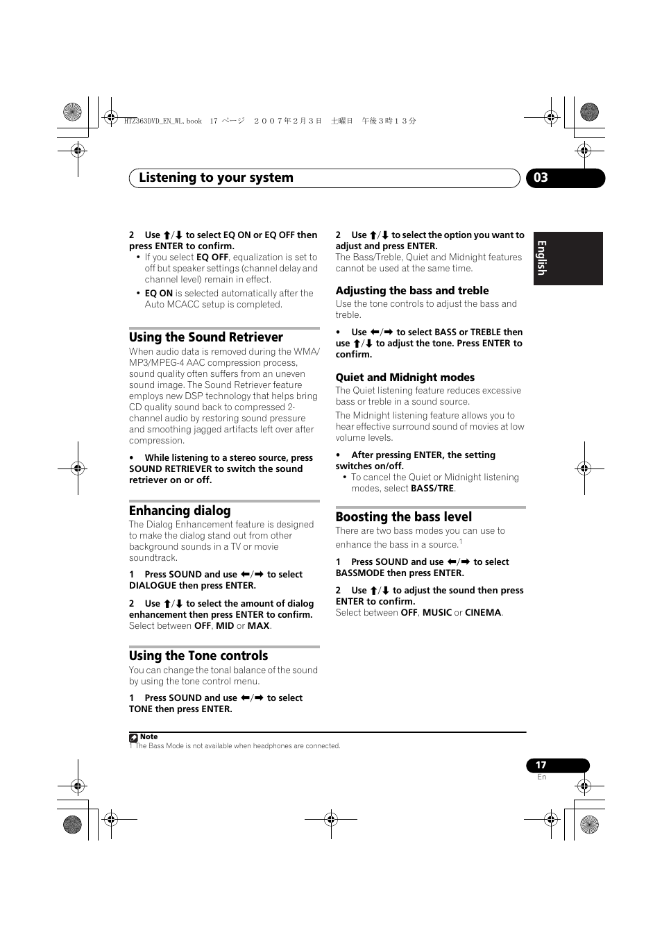 Listening to your system 03, Using the sound retriever, Enhancing dialog | Using the tone controls, Boosting the bass level | Pioneer S-DV4T User Manual | Page 17 / 52