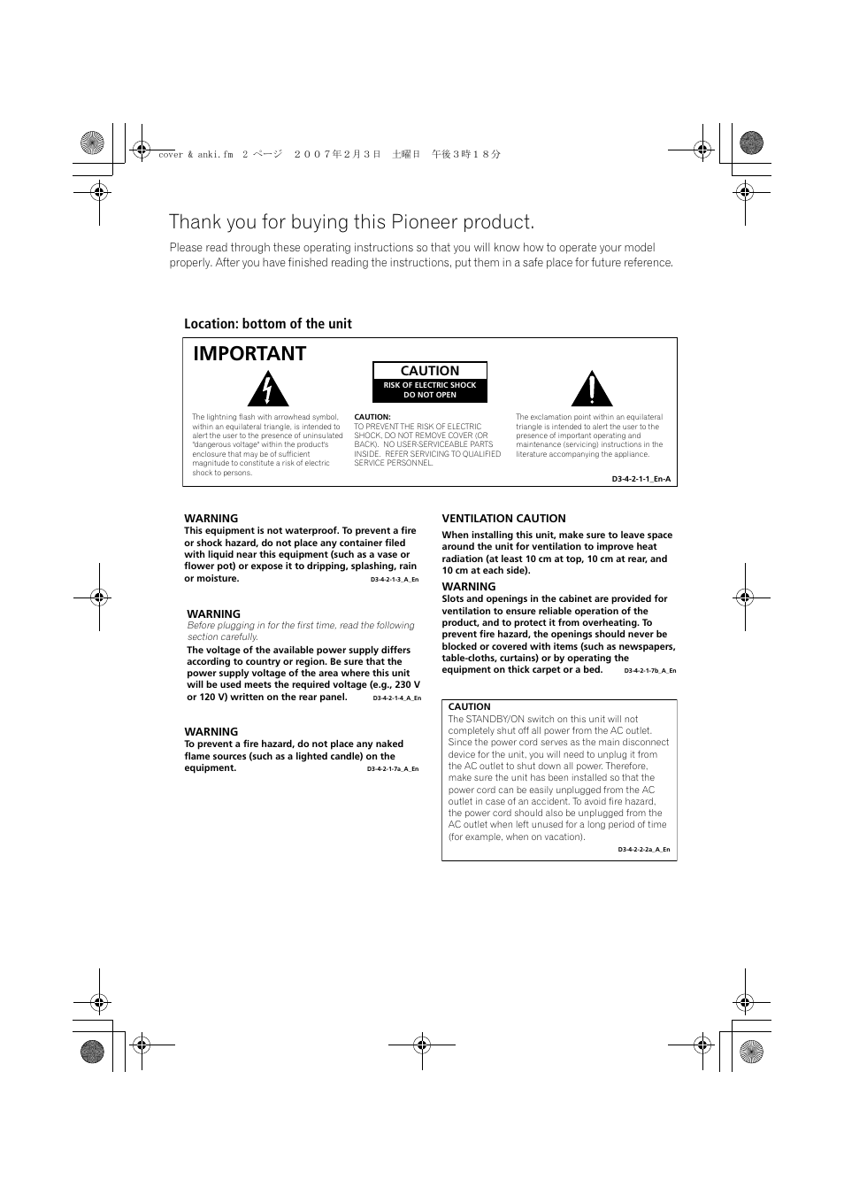 Important, Location: bottom of the unit, Caution | Pioneer S-DV4T User Manual | Page 2 / 52