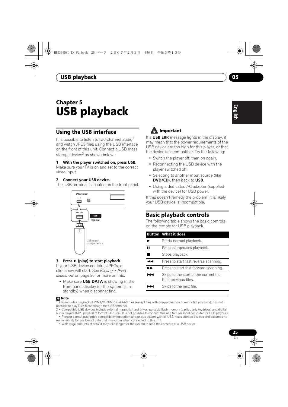 Usb playback, Usb playback 05, Chapter 5 | Using the usb interface, Basic playback controls | Pioneer S-DV4T User Manual | Page 25 / 52
