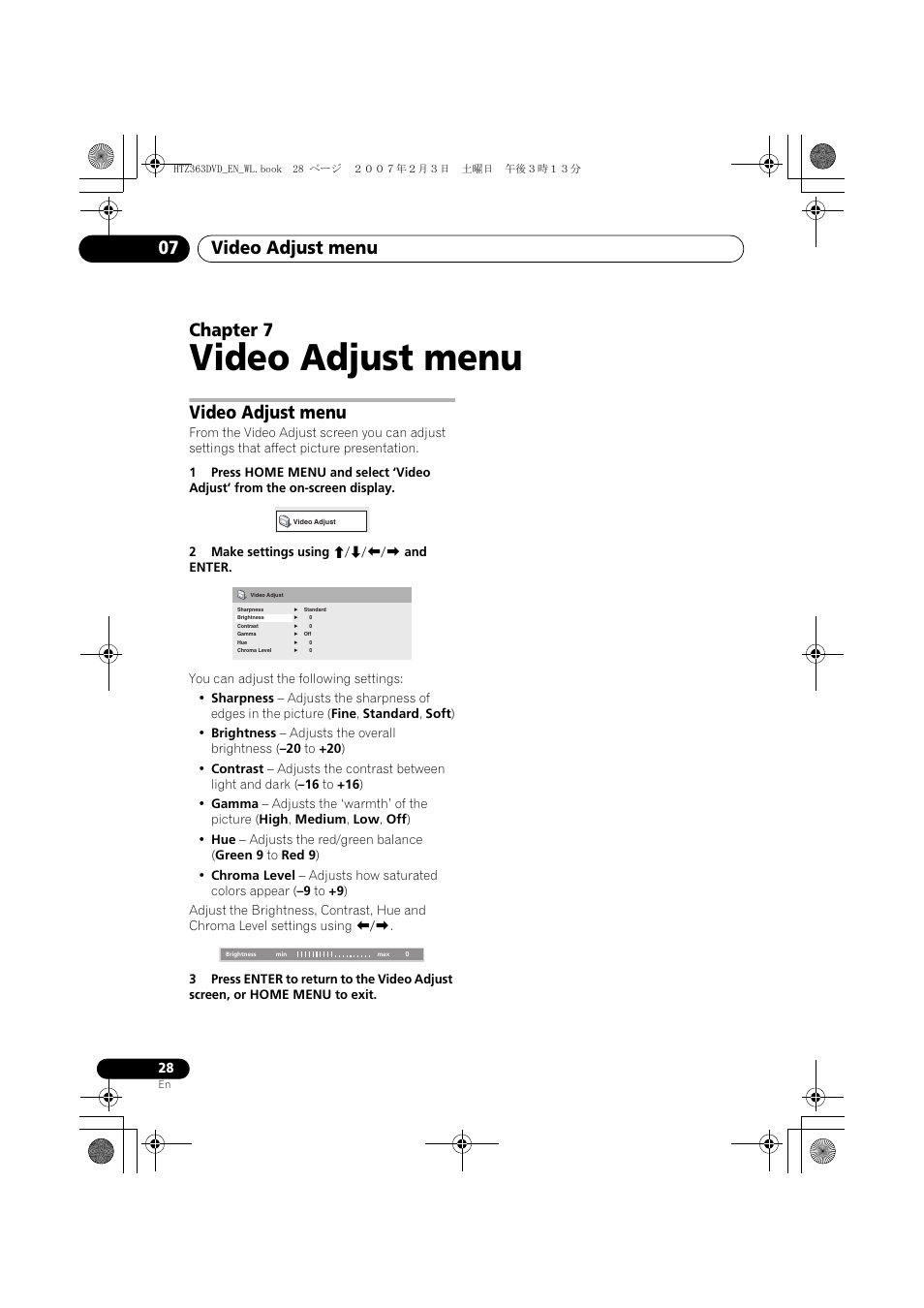 Video adjust menu, Video adjust menu 07, Chapter 7 | Pioneer S-DV4T User Manual | Page 28 / 52