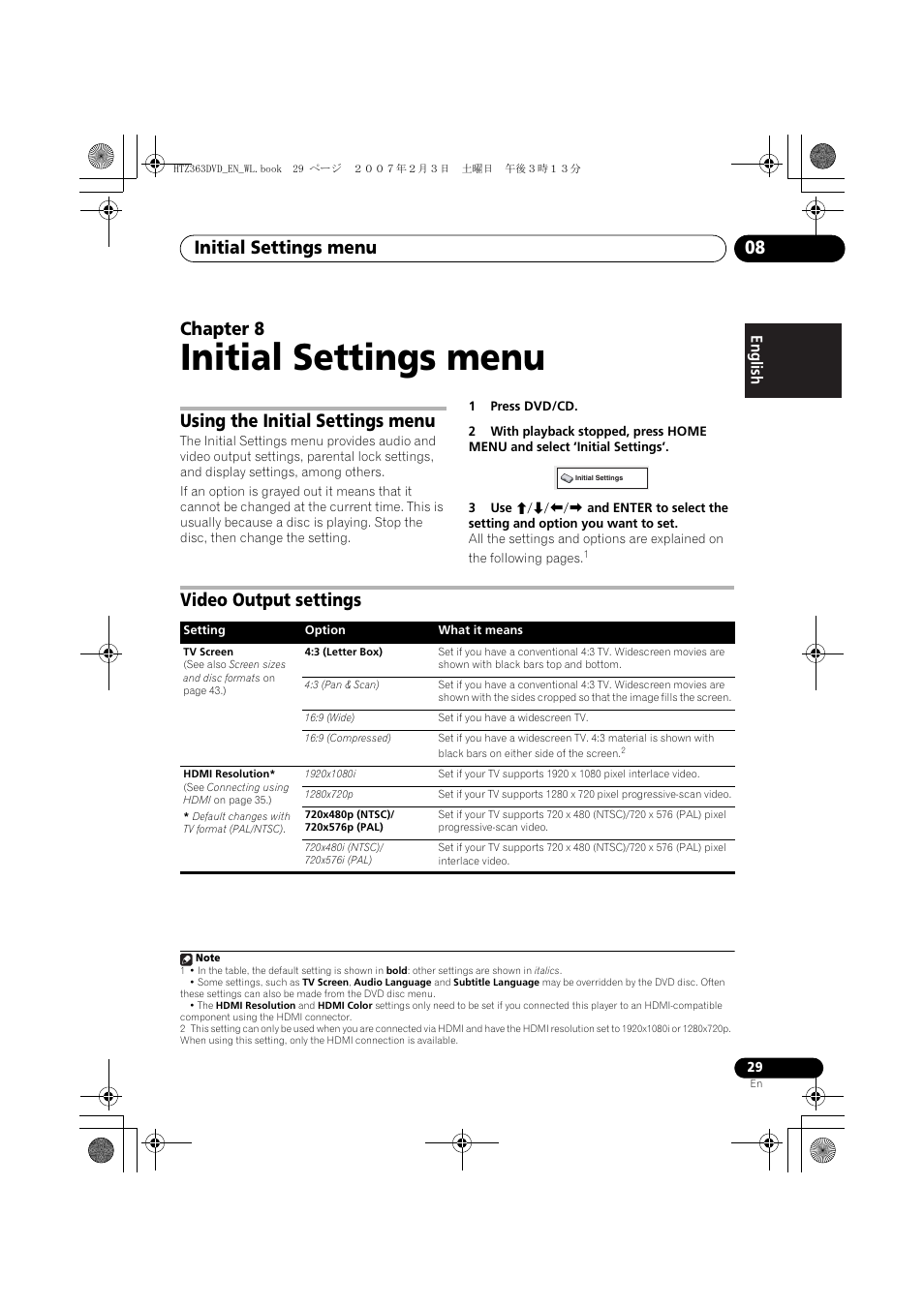 Initial settings menu, Initial settings menu 08, Chapter 8 | Using the initial settings menu, Video output settings | Pioneer S-DV4T User Manual | Page 29 / 52