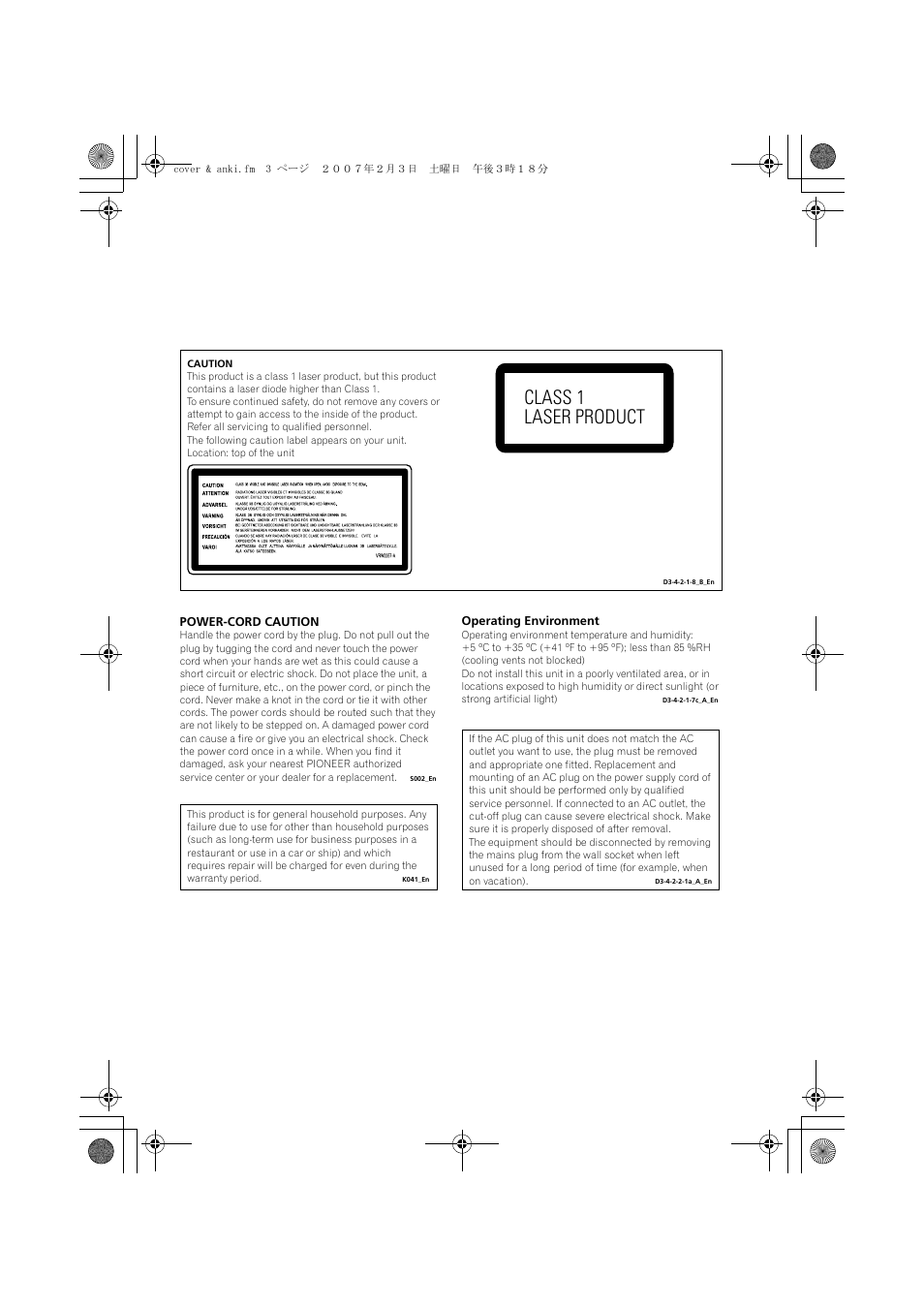 Class 1 laser product | Pioneer S-DV4T User Manual | Page 3 / 52