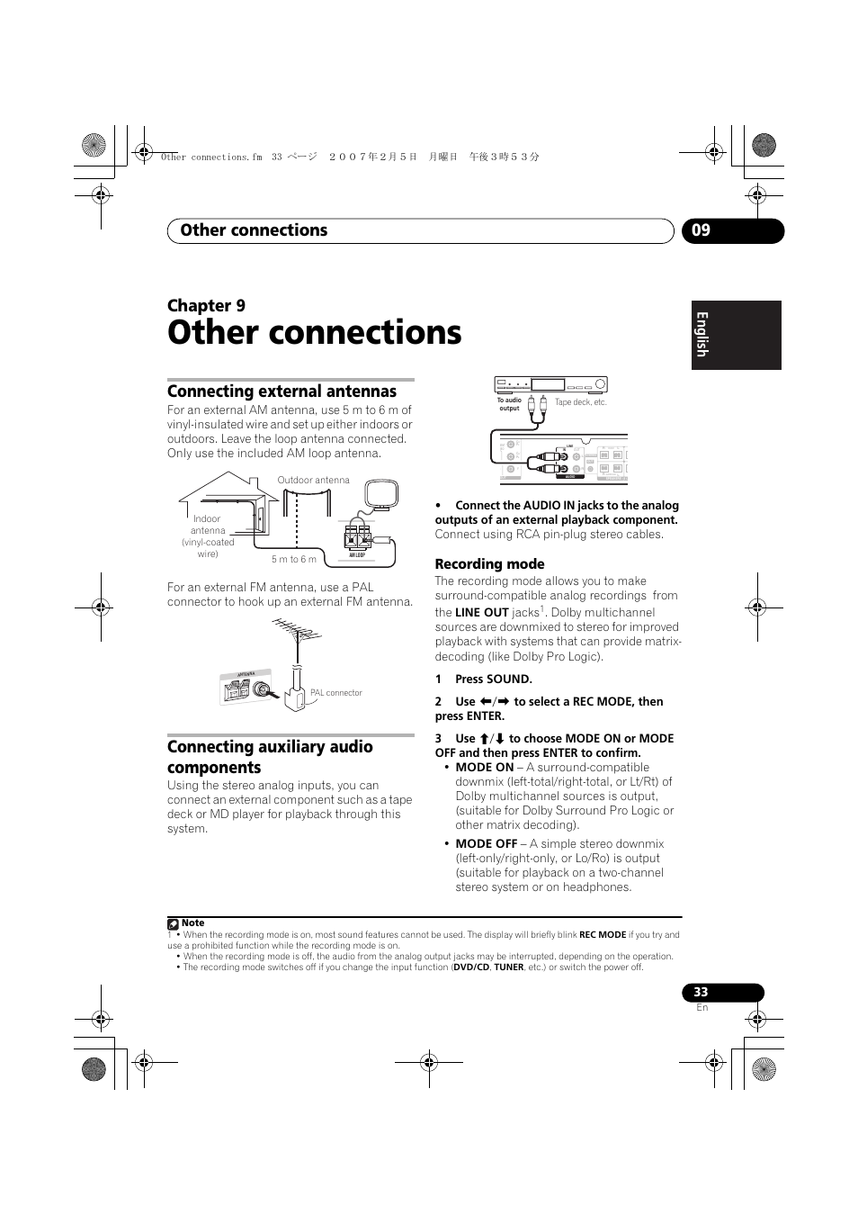 Other connections, Other connections 09, Chapter 9 | Connecting external antennas, Connecting auxiliary audio components, Recording mode | Pioneer S-DV4T User Manual | Page 33 / 52