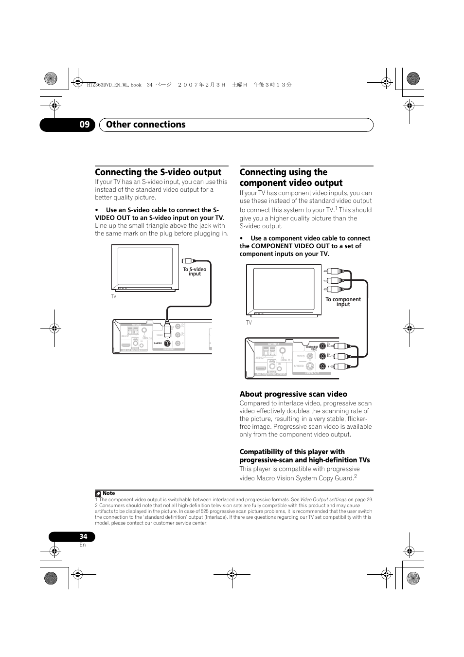 Other connections 09, Connecting the s-video output, Connecting using the component video output | About progressive scan video, Tv to component input | Pioneer S-DV4T User Manual | Page 34 / 52