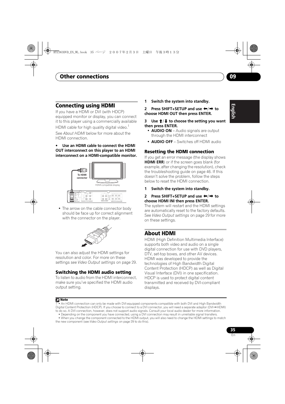Other connections 09, Connecting using hdmi, About hdmi | Switching the hdmi audio setting, Resetting the hdmi connection, Surround sub woofer front center | Pioneer S-DV4T User Manual | Page 35 / 52