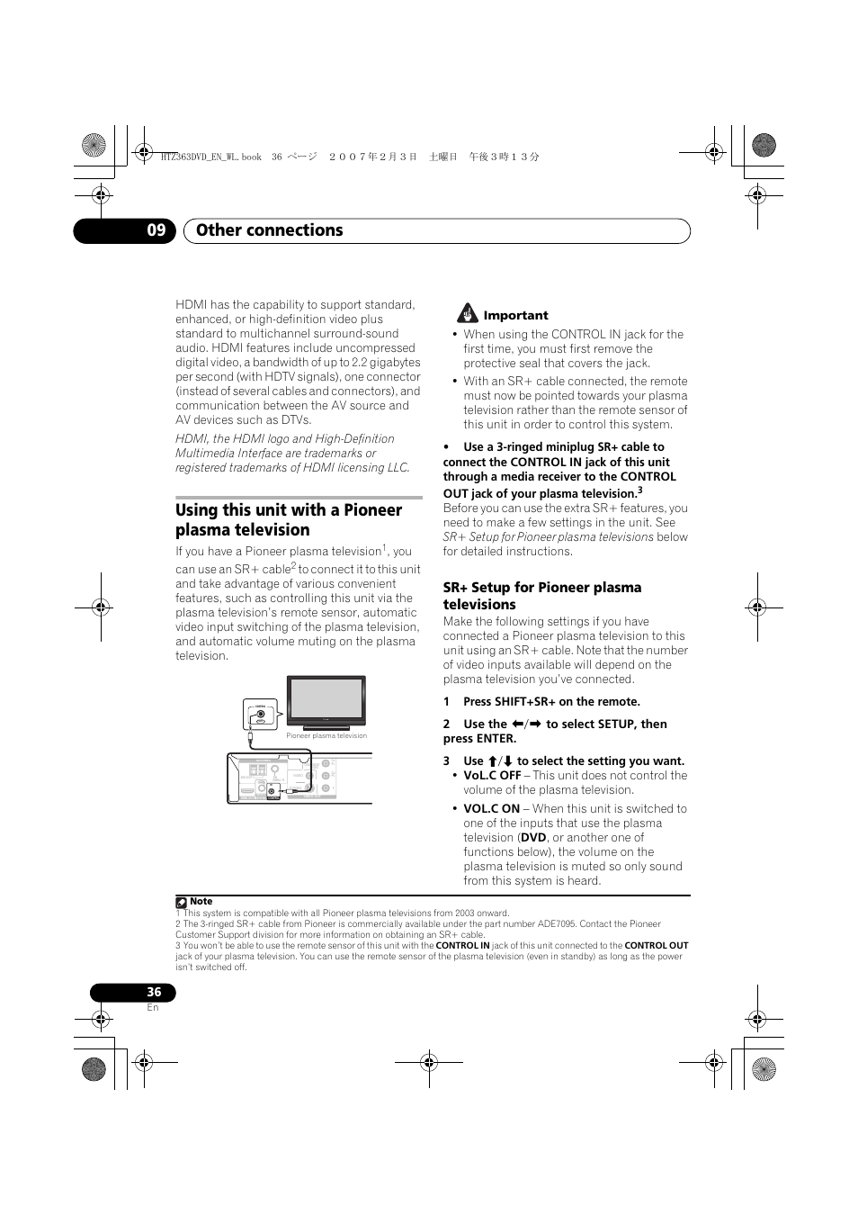 Other connections 09, Using this unit with a pioneer plasma television, Sr+ setup for pioneer plasma televisions | If you have a pioneer plasma television, You can use an sr+ cable | Pioneer S-DV4T User Manual | Page 36 / 52
