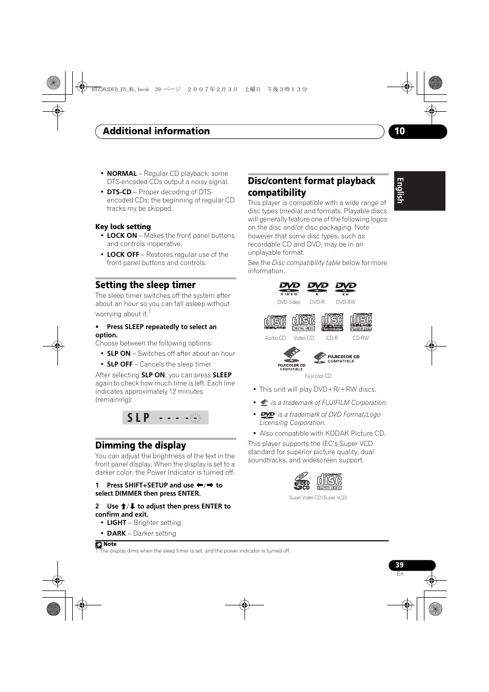 S l p, Additional information 10, Setting the sleep timer | Dimming the display, Disc/content format playback compatibility | Pioneer S-DV4T User Manual | Page 39 / 52