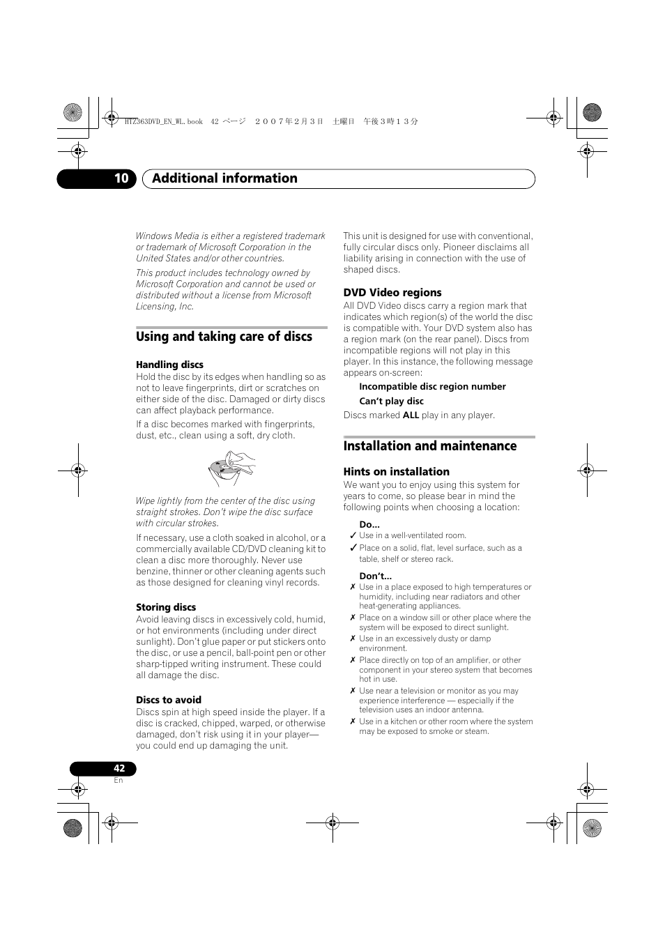 Additional information 10, Using and taking care of discs, Installation and maintenance | Pioneer S-DV4T User Manual | Page 42 / 52