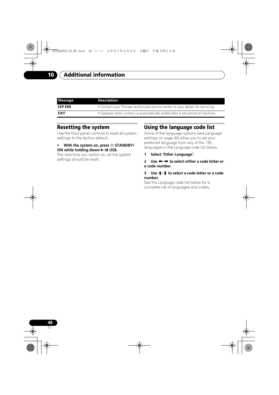 Additional information 10, Resetting the system, Using the language code list | Pioneer S-DV4T User Manual | Page 48 / 52