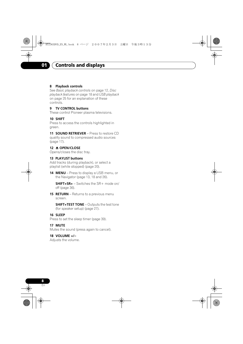 Controls and displays 01 | Pioneer S-DV4T User Manual | Page 8 / 52