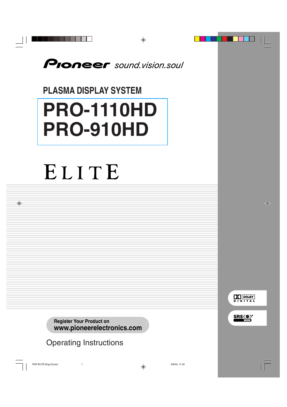 Pioneer Elite PureVision PRO 1110HD User Manual | 120 pages