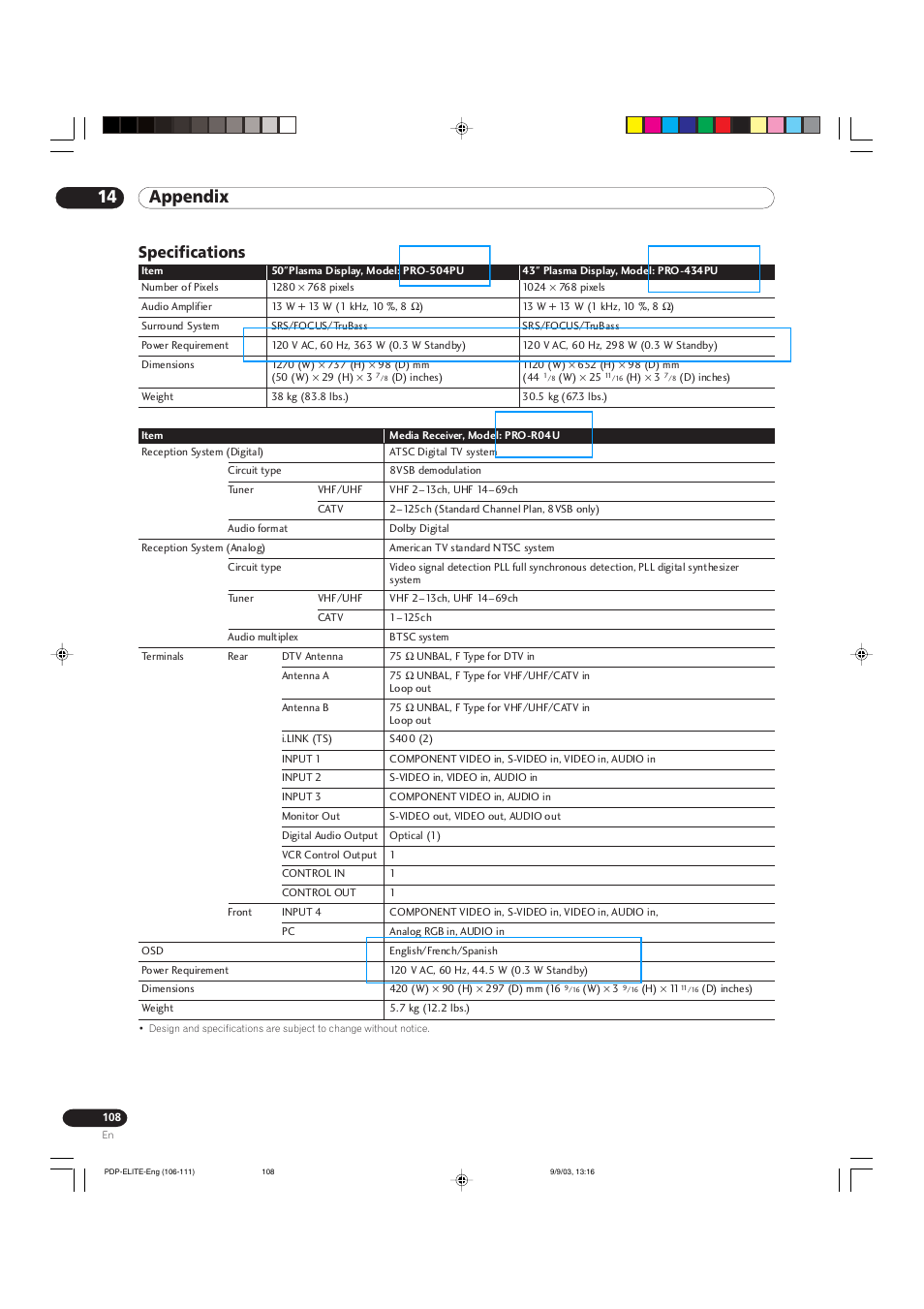 14 appendix, Specifications | Pioneer Elite PureVision PRO 1110HD User Manual | Page 108 / 120