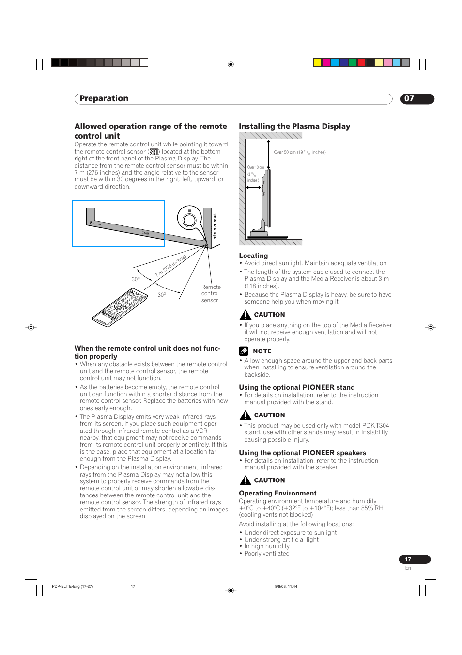 07 preparation, Installing the plasma display, Allowed operation range of the remote control unit | Pioneer Elite PureVision PRO 1110HD User Manual | Page 17 / 120