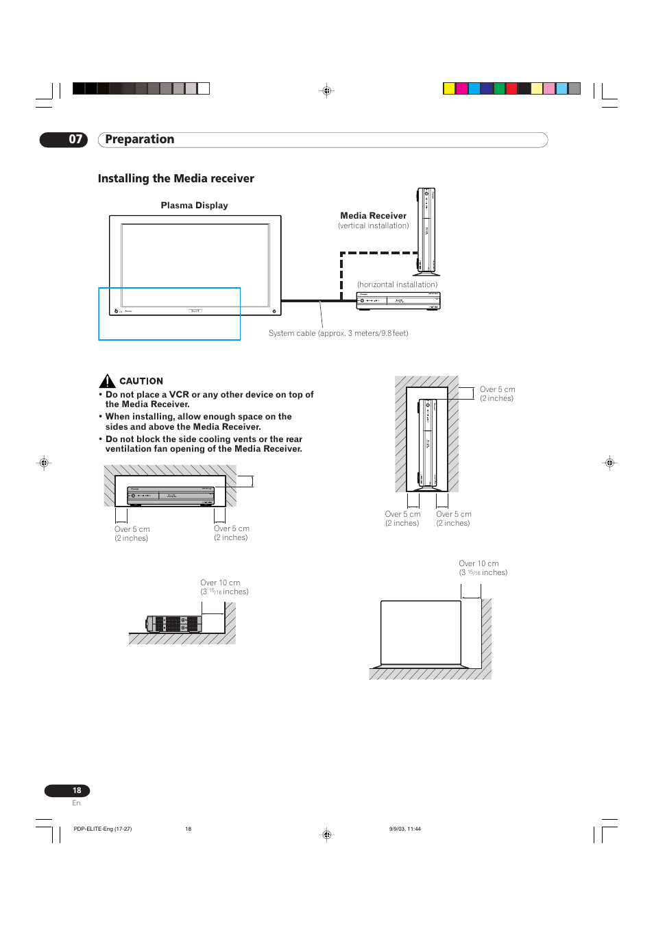 07 preparation, Installing the media receiver | Pioneer Elite PureVision PRO 1110HD User Manual | Page 18 / 120