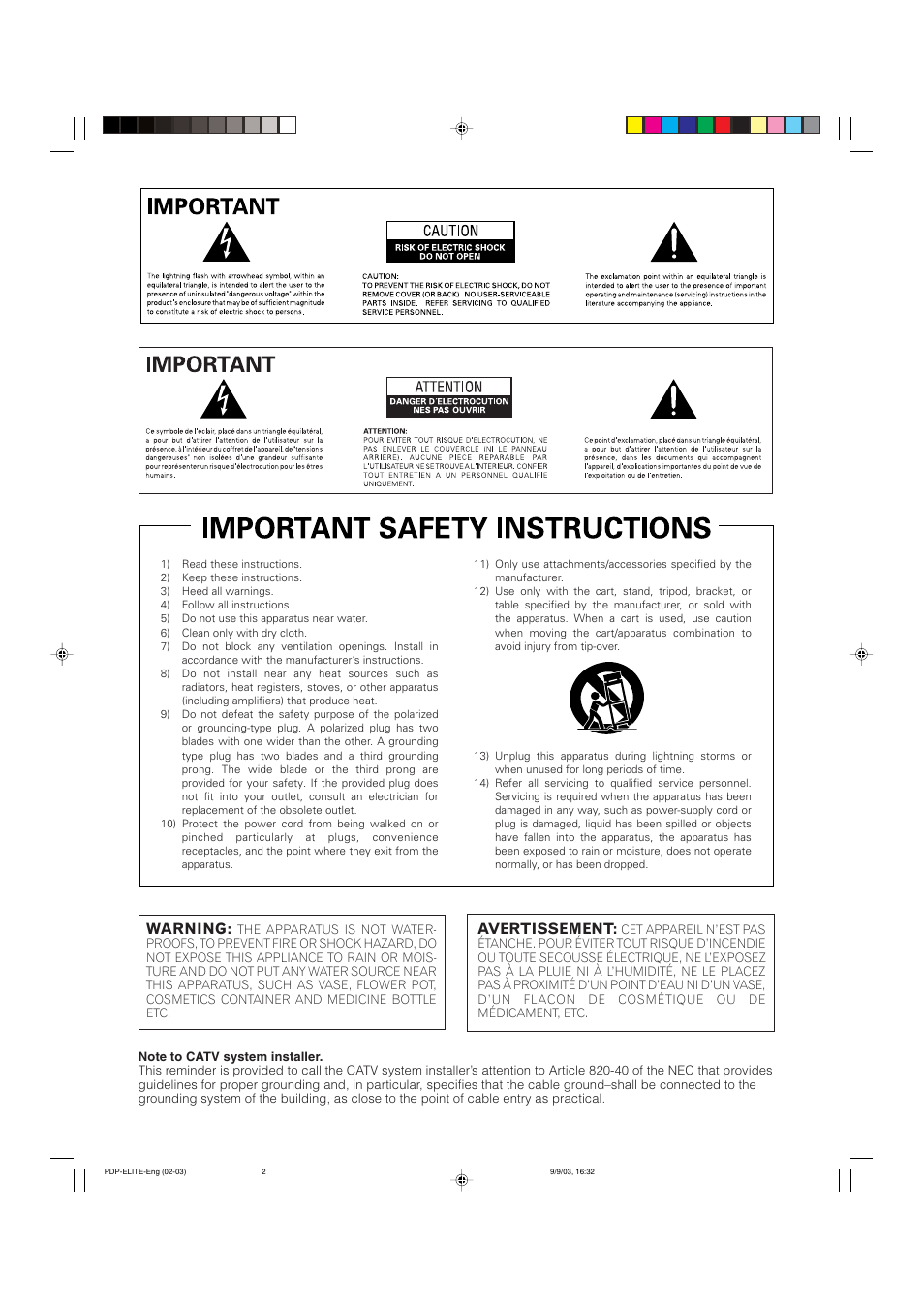 Avertissement, Warning | Pioneer Elite PureVision PRO 1110HD User Manual | Page 2 / 120