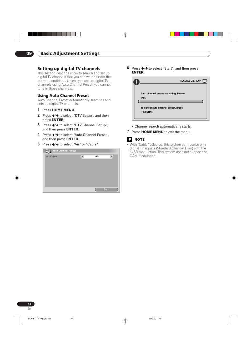 09 basic adjustment settings, Setting up digital tv channels | Pioneer Elite PureVision PRO 1110HD User Manual | Page 44 / 120