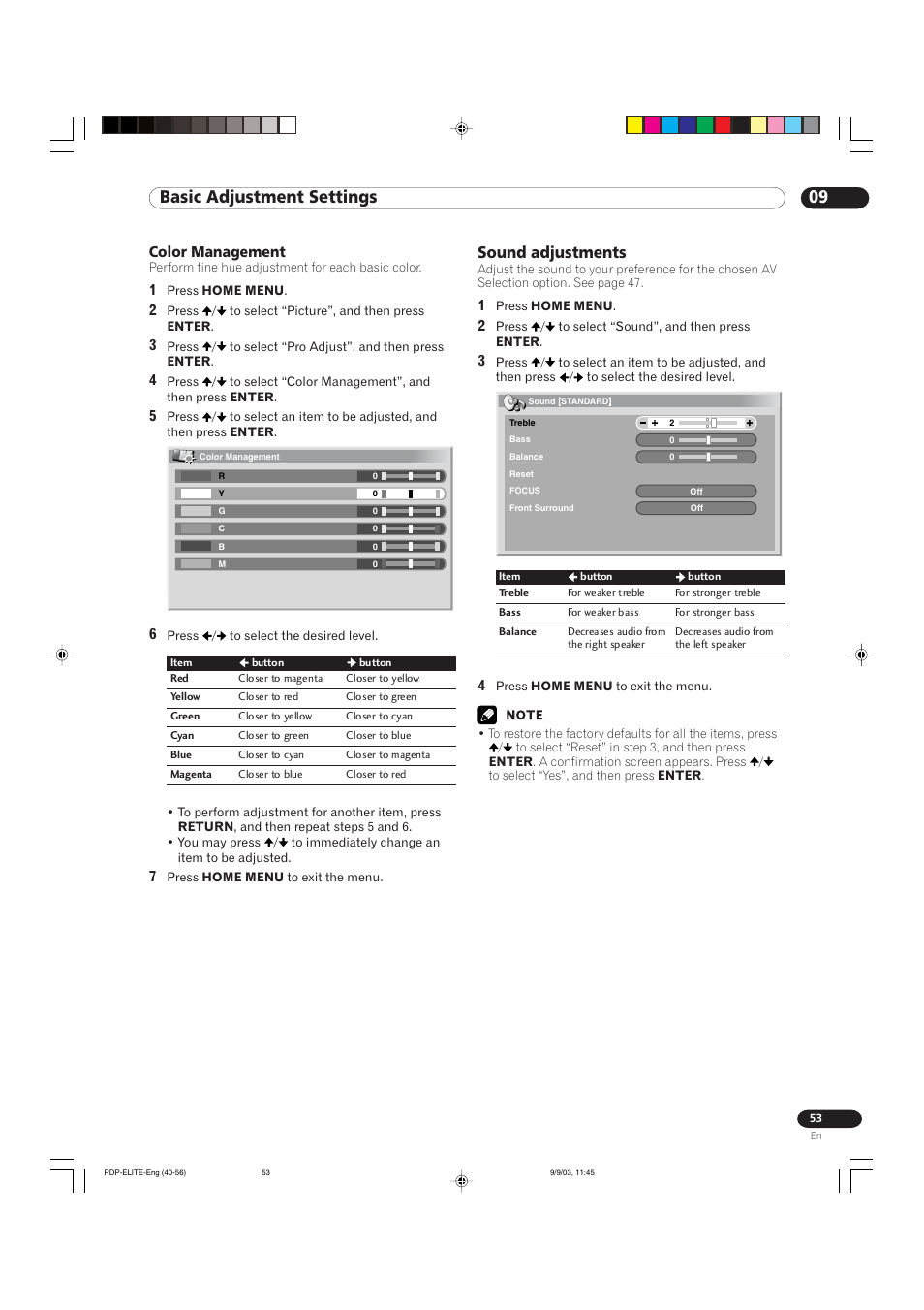 09 basic adjustment settings, Sound adjustments, Color management | Pioneer Elite PureVision PRO 1110HD User Manual | Page 53 / 120