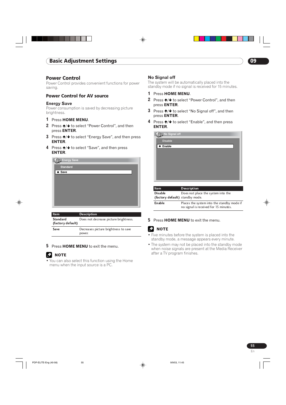 09 basic adjustment settings, Power control | Pioneer Elite PureVision PRO 1110HD User Manual | Page 55 / 120