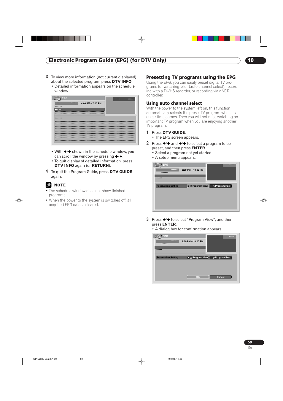 10 electronic program guide (epg) (for dtv only), Presetting tv programs using the epg, Using auto channel select | Pioneer Elite PureVision PRO 1110HD User Manual | Page 59 / 120