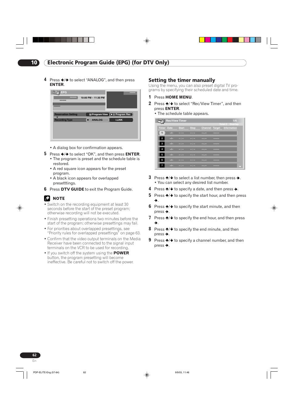 10 electronic program guide (epg) (for dtv only), Setting the timer manually | Pioneer Elite PureVision PRO 1110HD User Manual | Page 62 / 120