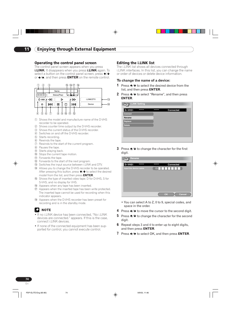 11 enjoying through external equipment, Operating the control panel screen, Editing the i.link list | Pioneer Elite PureVision PRO 1110HD User Manual | Page 74 / 120