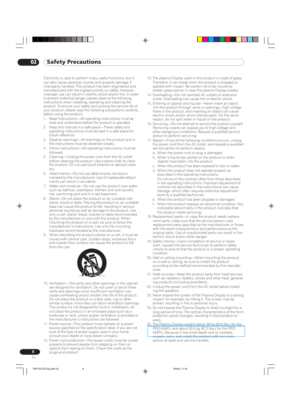 02 safety precautions | Pioneer Elite PureVision PRO 1110HD User Manual | Page 8 / 120