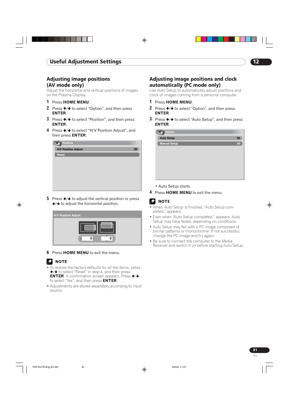 12 useful adjustment settings, Adjusting image positions (av mode only) | Pioneer Elite PureVision PRO 1110HD User Manual | Page 81 / 120