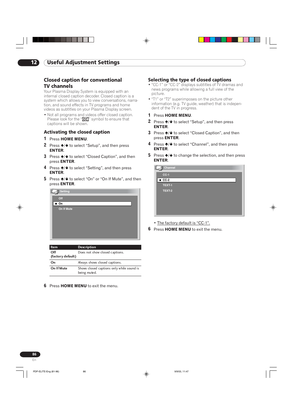 12 useful adjustment settings, Closed caption for conventional tv channels | Pioneer Elite PureVision PRO 1110HD User Manual | Page 86 / 120