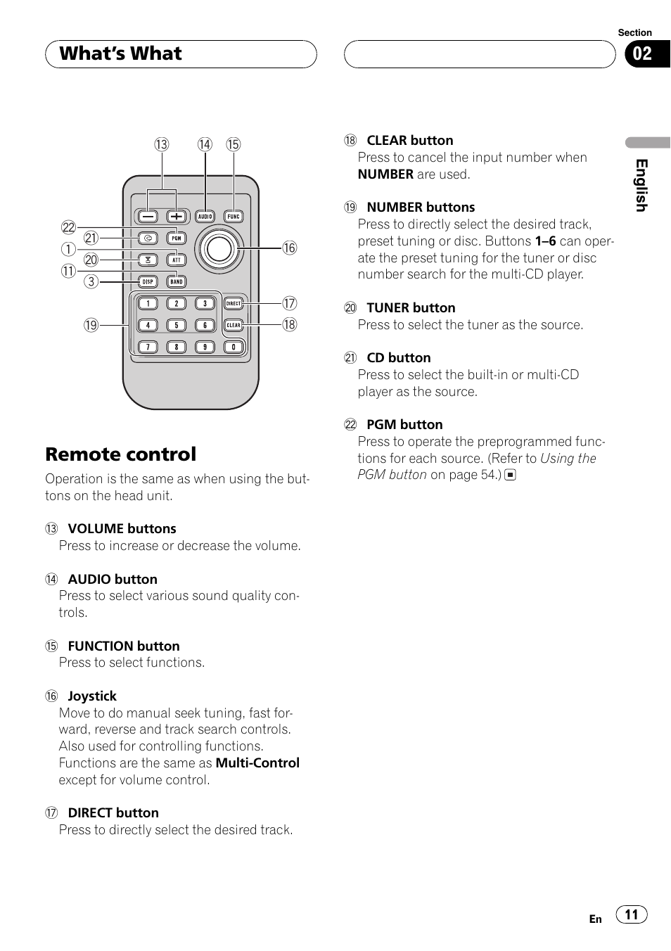 Remote control 11, Remote control, Whats what | Pioneer DEH-P1Y User Manual | Page 11 / 64