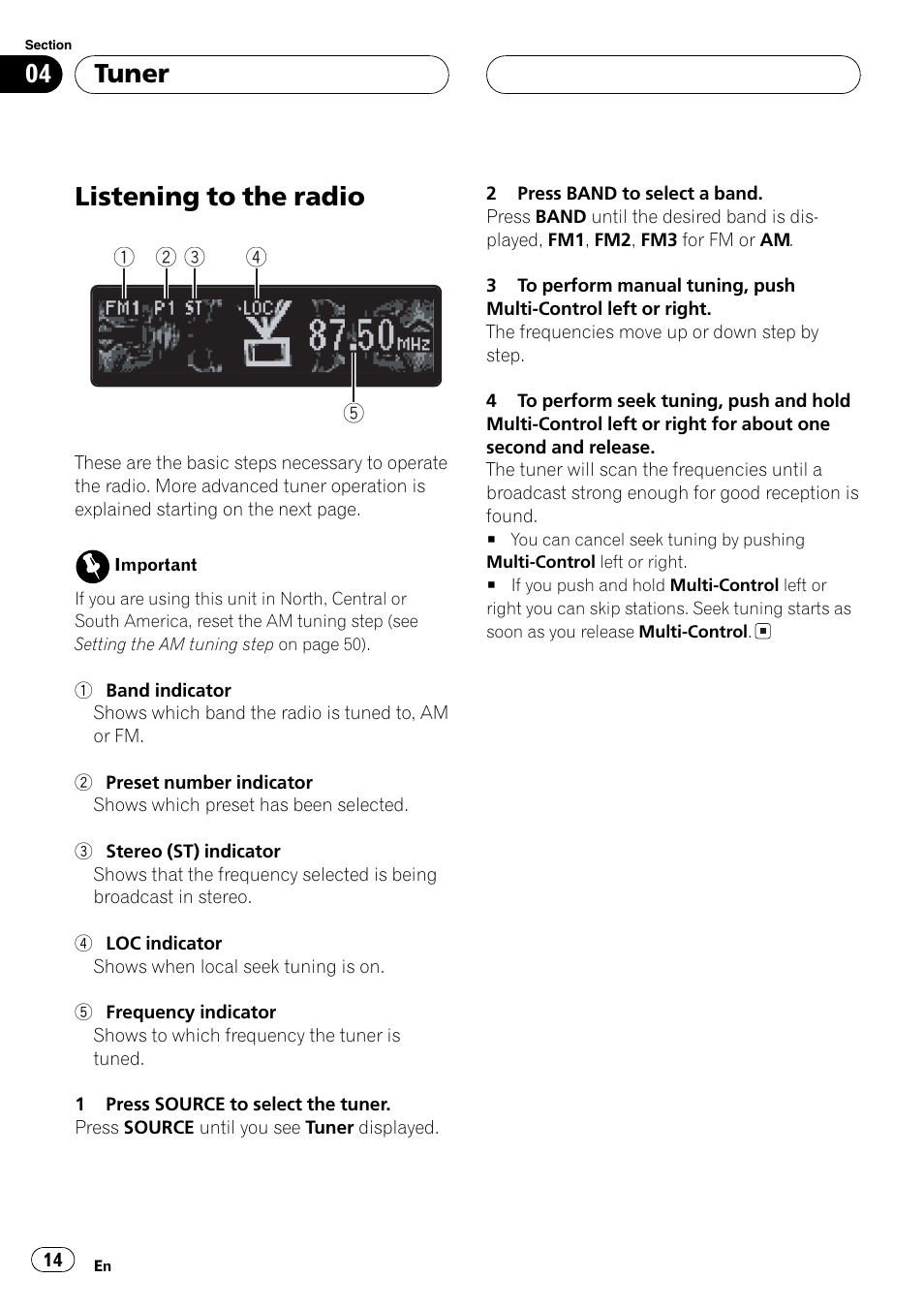Tuner listening to the radio 14, Listeningto the radio, Tuner | Pioneer DEH-P1Y User Manual | Page 14 / 64