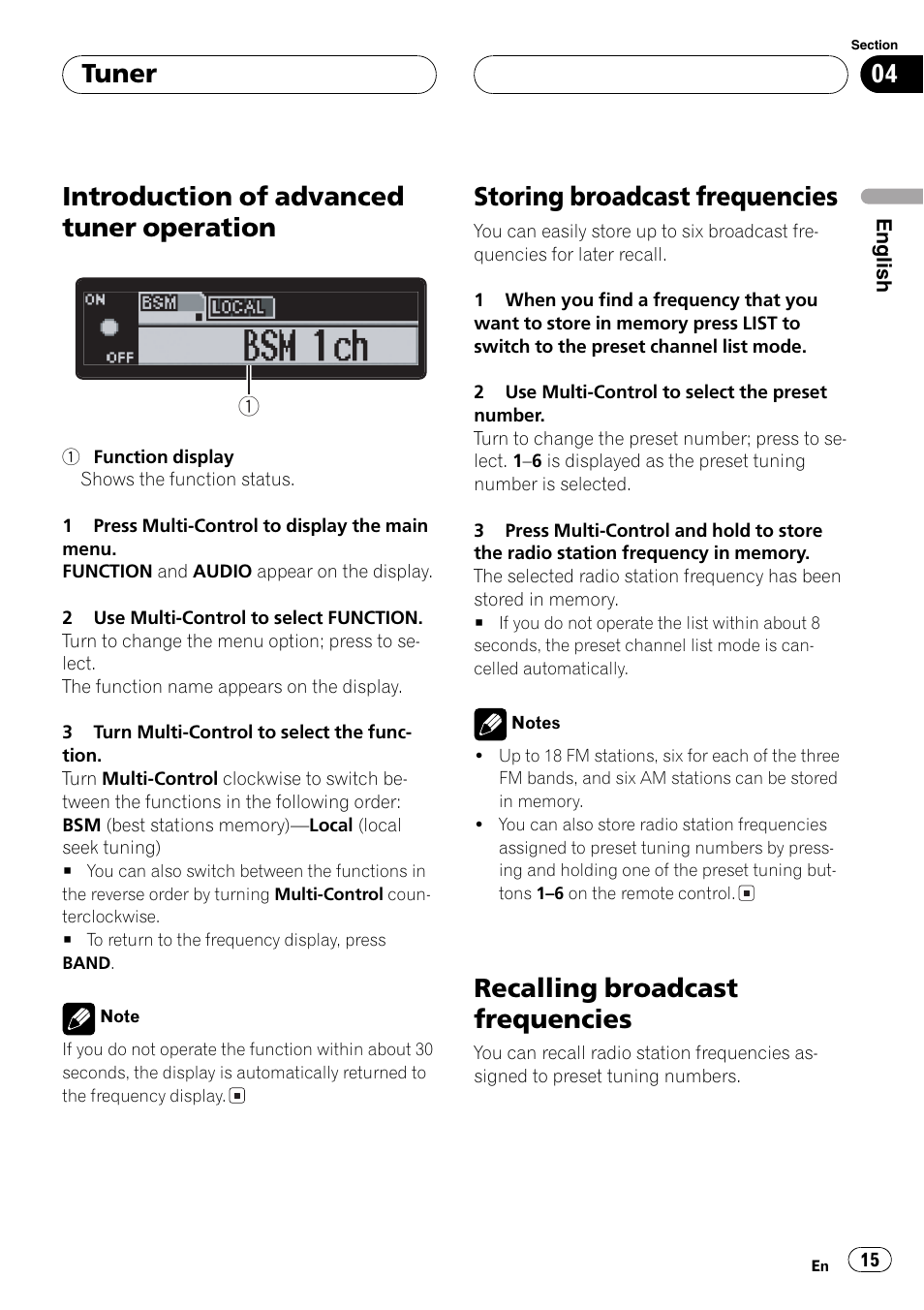 Introduction of advanced tuner, Operation 15, Introduction of advanced tuner operation | Storingbroadcast frequencies, Recallingbroadcast frequencies, Tuner | Pioneer DEH-P1Y User Manual | Page 15 / 64