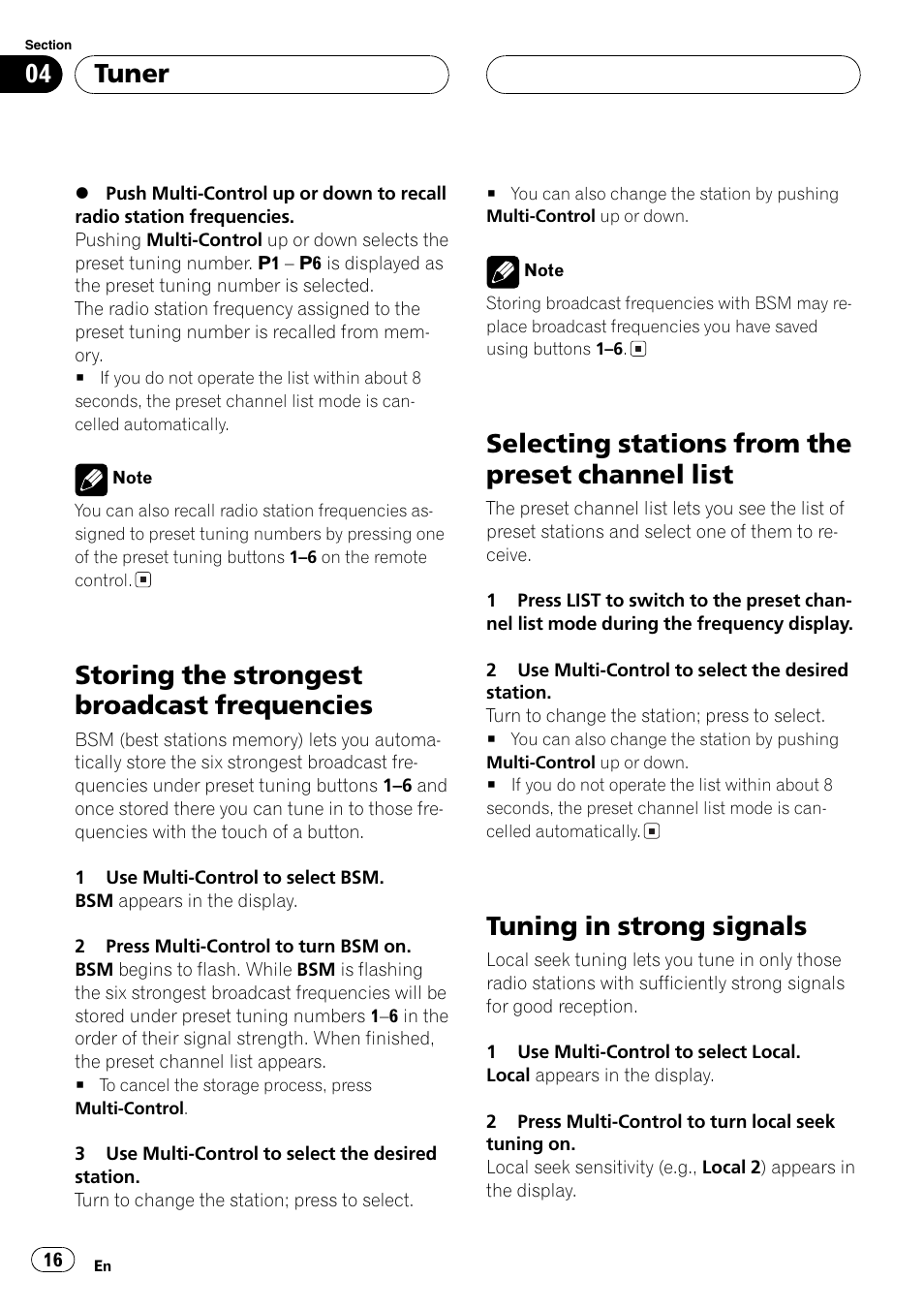 Storing the strongest broadcast, Frequencies 16, Selecting stations from the preset channel | List 16, Tuning in strong signals 16, Storingthe strongest broadcast frequencies, Selectingstations from the preset channel list, Tuningin strongsignals, Tuner | Pioneer DEH-P1Y User Manual | Page 16 / 64